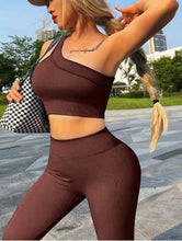 Load image into Gallery viewer, Workout Sets for Women, Cut Seamless Crop Tank Leggings Matching Sets 2 Pieces Outfits, Sexy One Shoulder Two Piece Workout Outfits(Coffee)