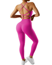 Load image into Gallery viewer, RXRXCOCO Ribbed Workout Sets for Women 2 Piece Backless Strappy Sports Bra Seamless Leggings Matching Set Yoga Outfits Pink
