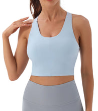 Load image into Gallery viewer, JOYSPELS Sports Bras for Women Extra Comfort Criss-Cross Back Padded Workout Tops for Women Medium Support Light Blue