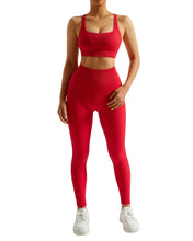 Load image into Gallery viewer, RXRXCOCO Ribbed Workout Sets for Women 2 Piece Backless Strappy Sports Bra Seamless Leggings Matching Set Yoga Outfits Red
