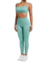 Load image into Gallery viewer, SUUKSESS Women Seamless 2 piece Workout Sets Strappy Padded Sports Bra Booty High Waisted Leggings Outfits (Light Green)