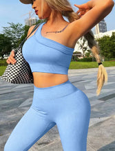 Load image into Gallery viewer, Workout Sets for Women, Two Piece Sexy One Shoulder Matching Crop Tank Top Set,Cut Ribbed Seamless High Waist Shorts (Light Sky Blue)