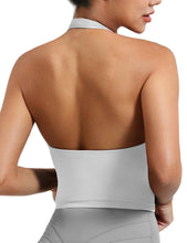 Load image into Gallery viewer, YEOREO Women's Halter Crop Top V Neck Workout Going Out Tank Top Hazel Padded Sleeveless Backless Trendy Summer Camisole White