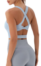 Load image into Gallery viewer, JOYSPELS Sports Bras for Women Extra Comfort Criss-Cross Back Padded Workout Tops for Women Medium Support Light Blue