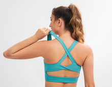Load image into Gallery viewer, JOYSPELS Sports Bras for Women Extra Comfort Criss-Cross Back Padded Workout Tops for Women Medium Support Cyan