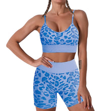 Load image into Gallery viewer, Women Seamless Yoga Set 2 Piece Workout Sport Bra with High Waist Shorts Legging Outfit Tracksuit.JNINTH (Leopard Blue)