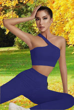 Load image into Gallery viewer, 2 Pieces Workout Sets for Women One Shoulder Ribbed Sport Bra Seamless High Waist Leggings GMY Exercise Outfits (Klein Blue)
