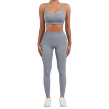 Load image into Gallery viewer, SUUKSESS Women Seamless 2 piece Workout Sets Strappy Padded Sports Bra Booty High Waisted Leggings Outfits (Grey Blue)