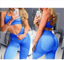 Load image into Gallery viewer, OLCHEE Women’s Workout Sets 2 Piece - Seamless Yoga Leggings and Cross-Strap Sports Bra Gym Outfits Activewear Matching Set - Blue