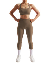 Load image into Gallery viewer, RXRXCOCO Ribbed Workout Sets for Women 2 Piece Backless Strappy Sports Bra Seamless Leggings Matching Set Yoga Outfits Brown