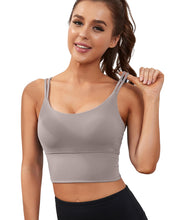 Load image into Gallery viewer, Everrysea Longline Sports Bra for Women Padded Workout Tank Tops Built in Bras Strappy Yoga Corp Top Camisole Light Brown