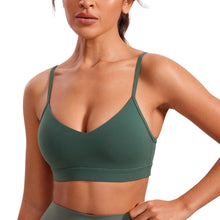 Load image into Gallery viewer, CRZ YOGA Butterluxe V-Neck Sports Bras for Women - Adjustable Thin Straps Padded Yoga Top Basic Wireless Camisole Dark Forest Green