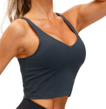 Load image into Gallery viewer, Women’s Longline Sports Bra Wirefree Padded Medium Support Yoga Bras Gym Running Workout Tank Tops (Charcoal Grey)