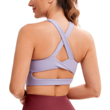 Load image into Gallery viewer, JOYSPELS Sports Bras for Women Extra Comfort Criss-Cross Back Padded Workout Tops for Women Medium Support Light Purple