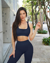 Load image into Gallery viewer, RXRXCOCO Ribbed Workout Sets for Women 2 Piece Backless Strappy Sports Bra Seamless Leggings Matching Set Yoga Outfits Navy