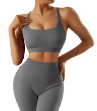 Load image into Gallery viewer, RXRXCOCO Ribbed Workout Sets for Women 2 Piece Backless Strappy Sports Bra Seamless Leggings Matching Set Yoga Outfits Grey