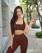 Load image into Gallery viewer, RXRXCOCO Ribbed Workout Sets for Women 2 Piece Backless Strappy Sports Bra Seamless Leggings Matching Set Yoga Outfits Coffee