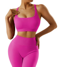 Load image into Gallery viewer, RXRXCOCO Ribbed Workout Sets for Women 2 Piece Backless Strappy Sports Bra Seamless Leggings Matching Set Yoga Outfits Pink