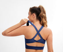 Load image into Gallery viewer, JOYSPELS Sports Bras for Women Extra Comfort Criss-Cross Back Padded Workout Tops for Women Medium Support Navy Blue
