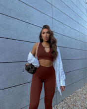 Load image into Gallery viewer, QINSEN Workout Outfits for Women 2 Piece Ribbed Seamless Crop Tank High Waist Yoga Leggings Sets,04 Coffee