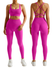 Load image into Gallery viewer, RXRXCOCO Ribbed Workout Sets for Women 2 Piece Backless Strappy Sports Bra Seamless Leggings Matching Set Yoga Outfits Pink