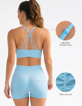 Load image into Gallery viewer, FRESOUGHT Workout Sets for Women 2 Piece Ribbed Yoga Outfits Crop Tops Seamless Gym High Waisted Biker Shorts Set Light Blue
