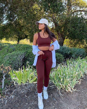 Load image into Gallery viewer, QINSEN High Waisted Leggings for Women GMY Workout Sport Bra Tops 2 Piece Outfits Coffee