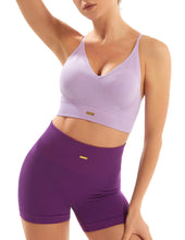 Load image into Gallery viewer, FRESOUGHT Seamless Workout Set Xsmall Outfits for Women Yoga Sports Bra Matching Gym Running Biker Shorts Set Purple