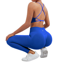 Load image into Gallery viewer, SUUKSESS Women Seamless 2 piece Workout Sets Strappy Padded Sports Bra Booty High Waisted Leggings Outfits (Royal Blue)