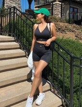 Load image into Gallery viewer, FRESOUGHT Workout Sets for Women 2 Piece Ribbed Yoga Outfits Sports Bra Seamless Gym High Waisted Biker Shorts Set Black
