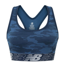Load image into Gallery viewer, New Balance Womens Seamless Wirefree, Racerback Sports Bra with Removable Pads, Bottom Band with Logo, Camo Vintage Indigo