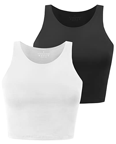 Yeawinta Crop Tank Top for Women Workout Shirts Cropped Tanks Sleeveless Gym Clothes Yoga High Neck Crop Top 2 Pack Black/White S