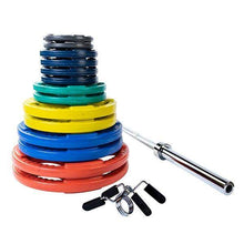 Load image into Gallery viewer, 300lb. Color Rubber Grip Olympic Weight Set with 7ft. Olympic bar and collars - The Home Fitness Corp