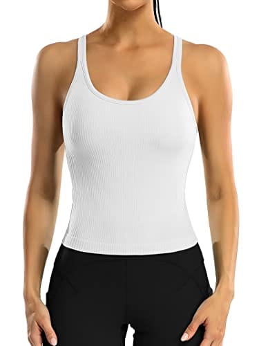 ATTRACO Women's Seamless Workout Crop Top Ribbed Yoga Racerback Built in Bra Tank White S