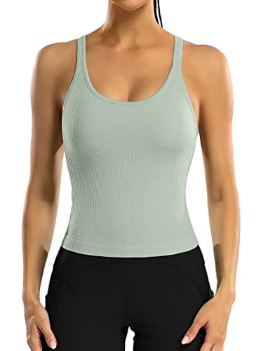 ATTRACO Women Seamless Workout Crop Tops Ribbed Athletic Tank with Built in Bra Green S