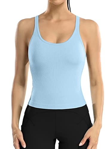 ATTRACO Women Yoga Racerback Tank Tops with Built in Bra Tight Fit Ribbed Crop Top Blue S
