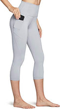 Load image into Gallery viewer, TSLA High Waist Yoga Pants with Pockets, Tummy Control Yoga Leggings, Non See-Through Workout Running Tights, Capris Pocket Peachy Light Grey