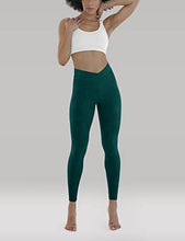 Load image into Gallery viewer, ODODOS Women's Cross Waist 7/8 Yoga Leggings with Inner Pocket, Workout Running Tights Yoga Pants -Inseam 25", Embossed Wave Forest Teal, XXX-Large