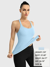 Load image into Gallery viewer, ATTRACO Women Yoga Racerback Tank Tops with Built in Bra Tight Fit Ribbed Crop Top Blue S

