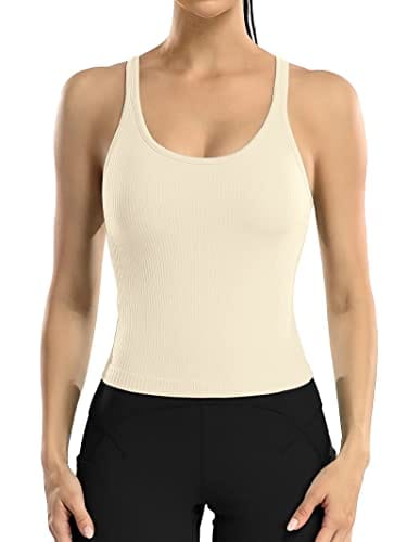 ATTRACO Built in Bra Workout Tops for Women Ribbed Sleeveless Tank Running Yoga Top Beige