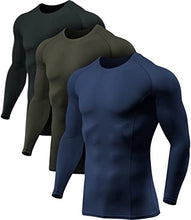 Load image into Gallery viewer, ATHLIO Men's UPF 50+ Long Sleeve Compression Shirts, Water Sports Rash Guard Base Layer, Athletic Workout Shirt, 3pack Black/Navy/Hunter Green