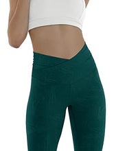 Load image into Gallery viewer, ODODOS Women's Cross Waist 7/8 Yoga Leggings with Inner Pocket, Workout Running Tights Yoga Pants -Inseam 25", Embossed Wave Forest Teal, XXX-Large