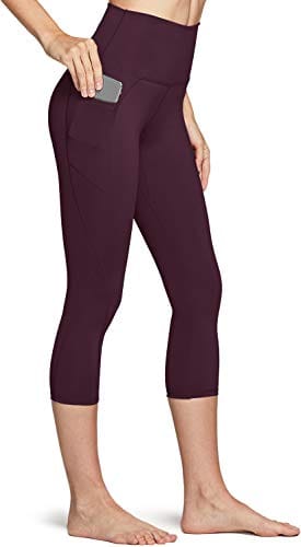 TSLA High Waist Yoga Pants with Pockets, Tummy Control Yoga Leggings, Non See-Through Workout Running Tights, Capris Pocket Peachy Dark Plum