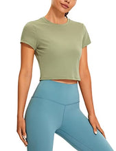 Load image into Gallery viewer, CRZ YOGA Butterluxe Short Sleeve Shirts for Women High Neck Crop Tops Basic Fitted T-Shirt Gym Workout Top Moss Green Large