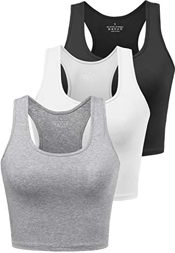 Porvike Sports Crop Tank Tops for Women Cropped Athletic Yoga Tops Racerback Running Tanks Cotton Workout Shirts Sleeveless Undershirts Exercise Gym Clothes 3 Pack Black White Grey M