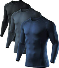 Load image into Gallery viewer, ATHLIO Men's UPF 50+ Long Sleeve Compression Shirts, Water Sports Rash Guard Base Layer, Athletic Workout Shirt, 3pack Black/Charcoal/Navy