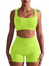 Load image into Gallery viewer, OQQ Workout Outfits for Women 2 Piece Seamless Ribbed High Waist Leggings with Sports Bra Exercise Set Grassgreen