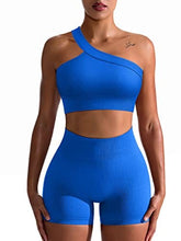 Load image into Gallery viewer, OQQ Workout Outfits for Women 2 Piece Seamless Ribbed High Waist Leggings with Sports Bra Exercise Set Blue5