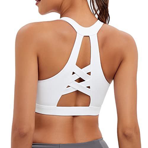RUNNING GIRL Racerback Sports Bra for Women, Workout Bra with Removable Pad Medium Support Crisscross Yoga Gym Top (WX2801 White S)