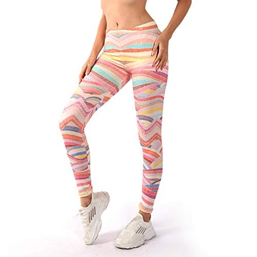 Middle Waisted Seamless Workout Leggings - Women’s Mandala Printed Yoga Leggings, Tummy Control Running Pants (Rainbow Waves, One Size)